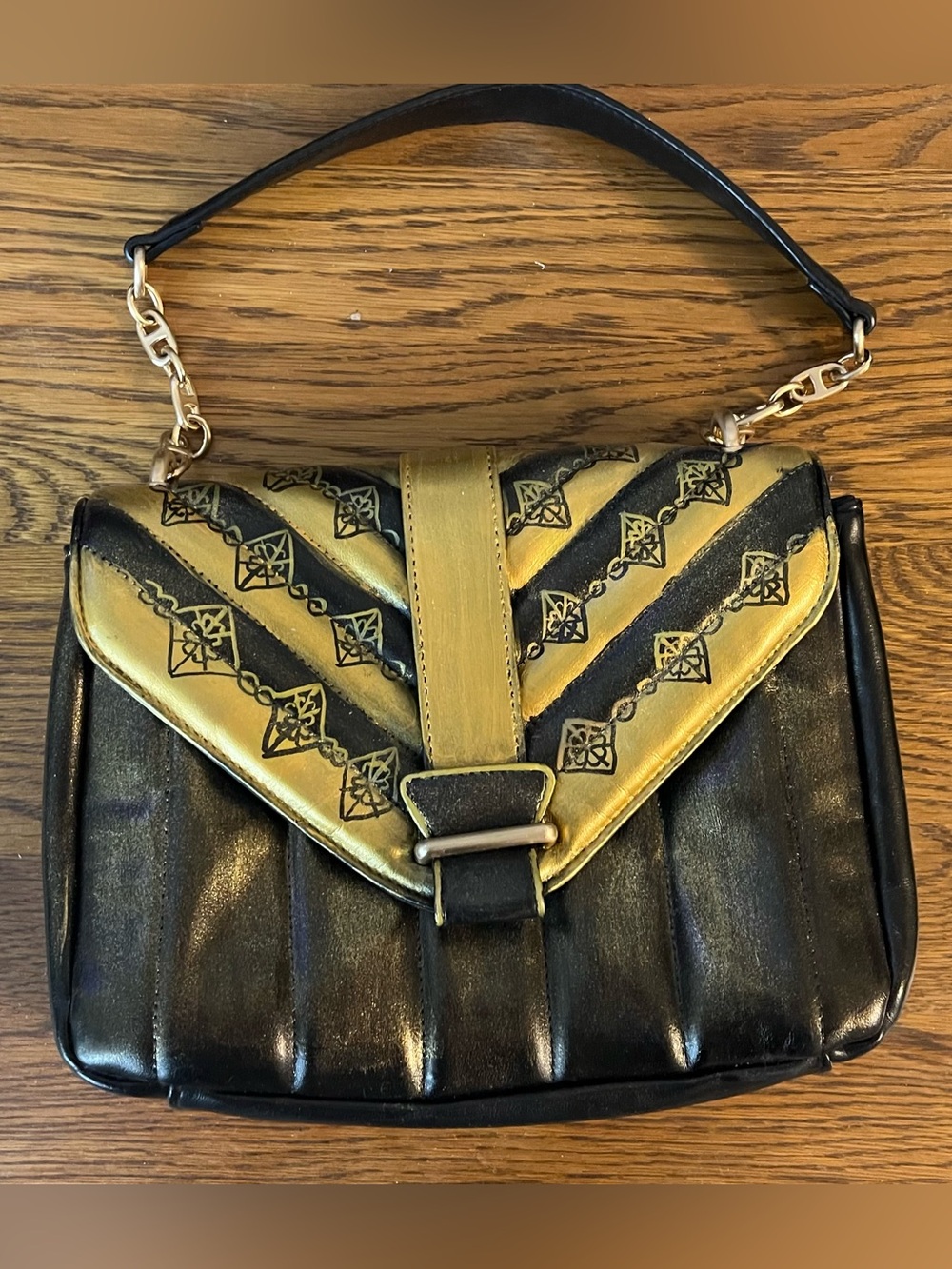 Hand painted Black and Gold Women's Shoulder Bag - Designer Style